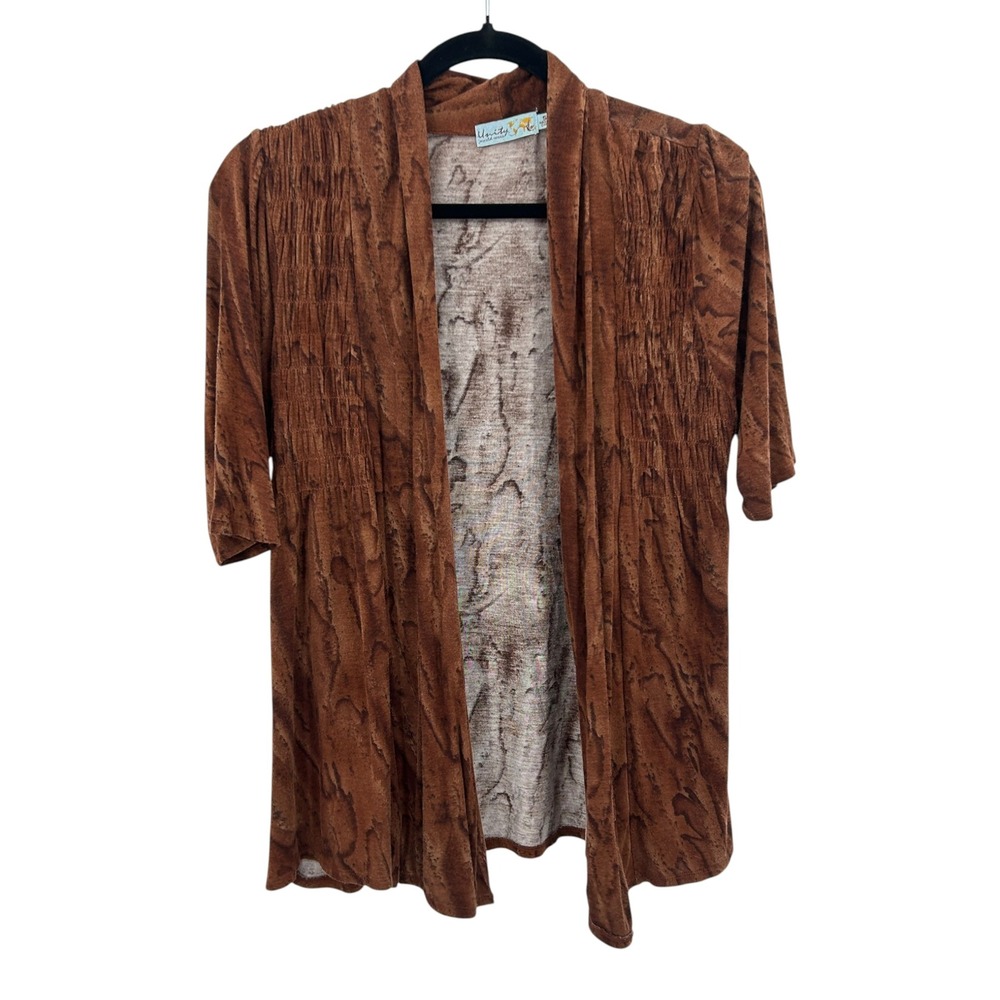 Unity World Wear Abstract‎ Smocked Cardigan Small Brown Boho Whimsigoth Earthy